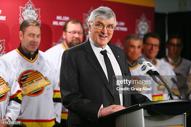 Pat Quinn the Coach of the 1993/94 Vancouver Canucks Team holds a press conference with members of that team at the 2014 Tim Hortons NHL Heritage...