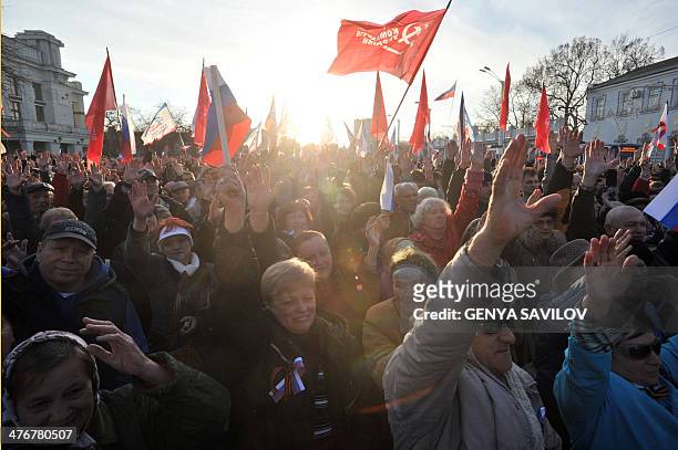 Pro-Russian activists vote during their rally in the western Crimean city of Yevpatoria on March 5, 2014. US Treasury Secretary Jacob Lew warned...
