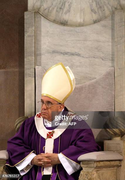 Pope Francis attends, in the Santa Sabina church in Rome on March 5 the Ash Wednesday mass, opening Lent, the forty-day period of abstinence and...