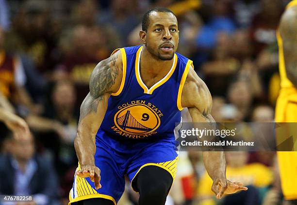 Andre Iguodala of the Golden State Warriors celebrates in the fourth quarter against the Cleveland Cavaliers during Game Four of the 2015 NBA Finals...