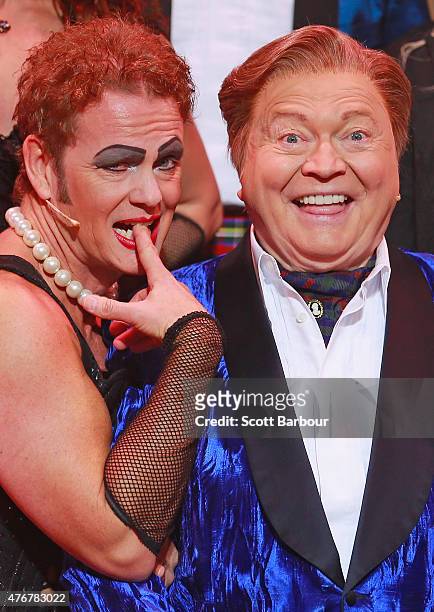 Craig McLachlan as Frank N Furter and Bert Newton as the Narrator pose after performing during a "Rocky Horror Show" Media Call at the Comedy Theatre...