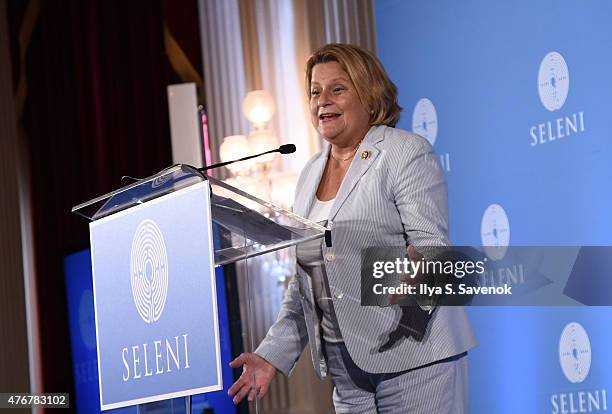 Representative, Ileana Ros-Lehtinen speaks during Seleni Institute's First Annual Winnifred Mason Huck Leadership Awards at Cannon Caucus Room on...