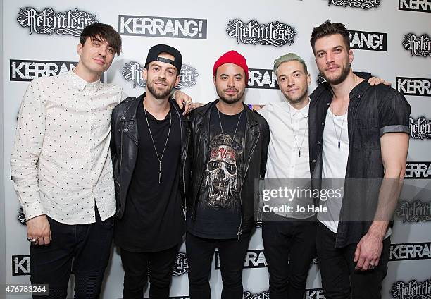 Gustav Wood, Simon Mitchell;, ohn Taylor, Fraser Taylor and Ben Jolliffe of The Young Guns attend the Relentless Energy Drink Kerrang! Awards at the...