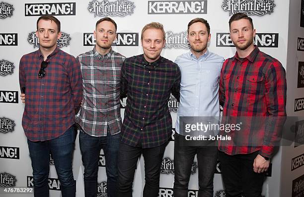 Tom Searle,Dan Searle,Sam Carter,Adam Christianson and Tim Hillier-Brook of The Architects attend the Relentless Energy Drink Kerrang! Awards at the...