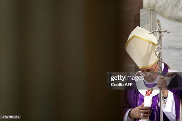 Pope Francis attends, in the Santa Sabina church in Rome on March 5 the Ash Wednesday mass, opening Lent, the forty-day period of abstinence and...