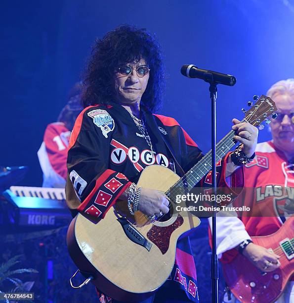 Paul Shortino and Howard Leese perform in Raiding the Rock Vault at the Las Vegas Hotel on March 4, 2014 in Las Vegas, Nevada.