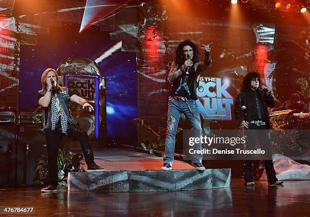 Andrew Freeman, Robin McAuley and Paul Shortino perform in Raiding the Rock Vault at the Las Vegas Hotel on March 4, 2014 in Las Vegas, Nevada.