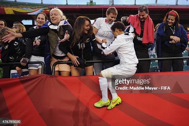 Fans pull Sarah Gregorius of New Zealand into the stands following the FIFA Women's World Cup Canada 2015 Group A match against Canada at...