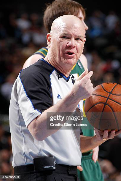 Referee Joey Crawford makes a call during the Dallas Mavericks game against the Utah Jazz on February 7, 2014 at the American Airlines Center in...