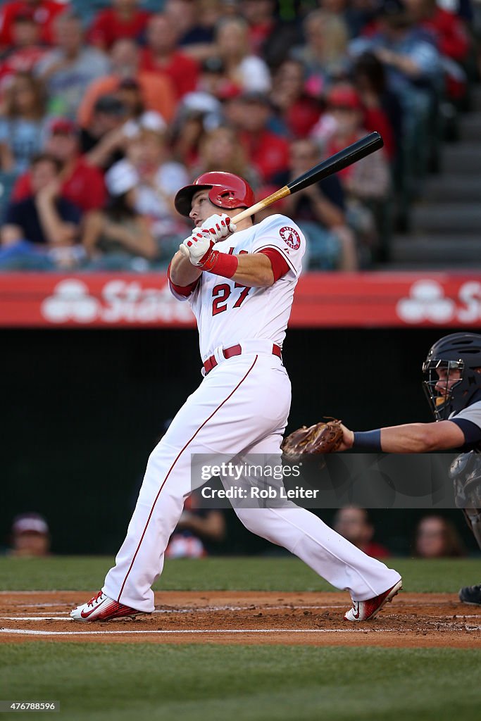 Mike Trout Of The Los Angeles Angels Of Anaheim Bats During The Game