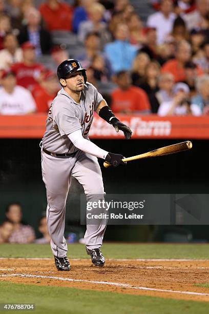 Nick Castellanos of the Detroit Tigers bats during the game against the Los Angeles Angels of Anaheim at Angel Stadium on May 30, 2015 in Anaheim,...