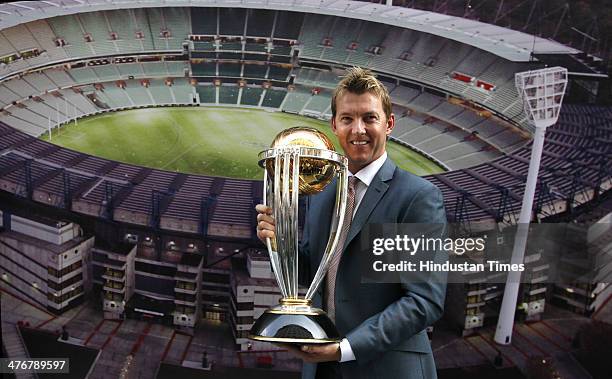 Former Australian cricketer Brett Lee unveiling Cricket World Cup 2015 Trophy, during the press conference to launch the travel package program to be...