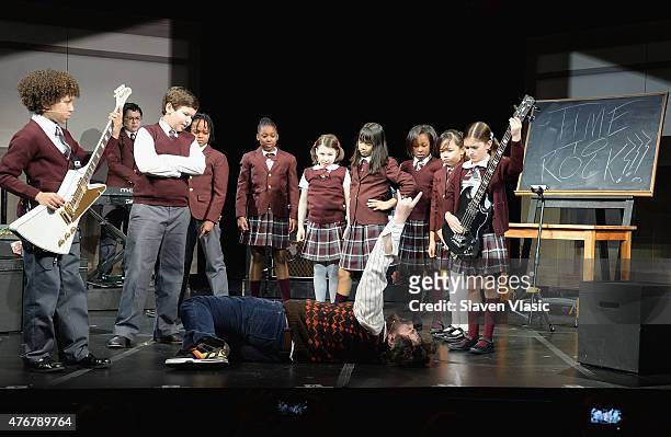 Alex Brightman and The Kid Band perform during a press preview performance of "School of Rock - The Musical" at Gramercy Theatre on June 11, 2015 in...