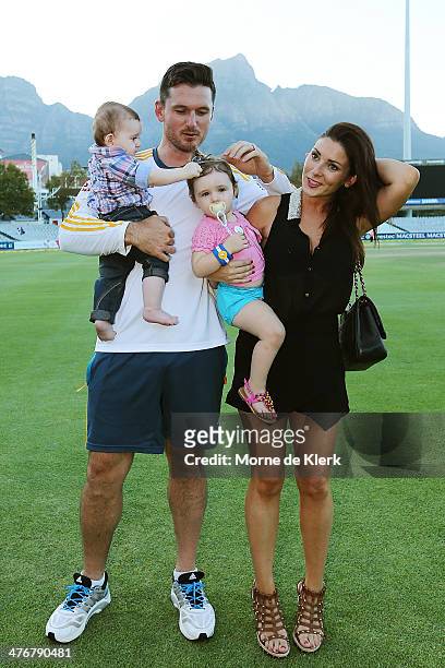 Graeme Smith of South Africa stands with his wife Morgan Deane and children Cadence and Carter after the match during day 5 of the third test match...