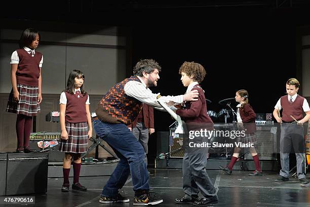 Alex Brightman and The Kid Band perform during a press preview performance of "School of Rock - The Musical" at Gramercy Theatre on June 11, 2015 in...