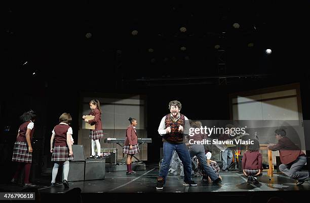 Alex Brightman and The Kid Band perform during a press preview performance of "School of Rock - The Musical" at Gramercy Theatre on June 11, 2015 in...