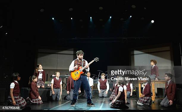Alex Brightman and The Kid Band perform during a press preview performance of "School of Rock - The Musical" at Gramercy Theatre on June 11, 2015 in...