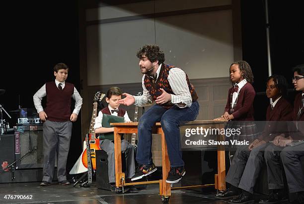 Alex Brightman and The Kid Band perform during a press preview performance of "School of Rock - The Musical" at Gramercy Theatre on June 11, 2015 in...