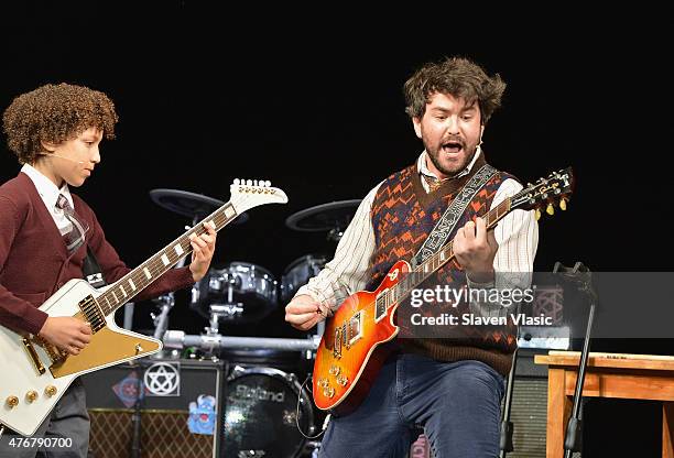 Alex Brightman and The Kid Band perform during a press preview performance of "School of Rock - The Musical" at Gramercy Theatre on June 11, 2015 in...