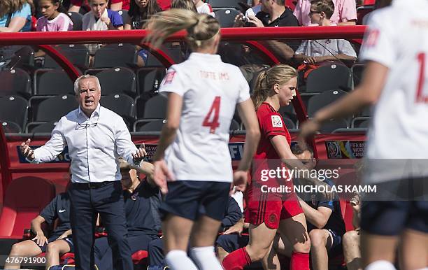 Norway coach Even Pellerud speaks to his players during a Group B match against Germany at the 2015 FIFA Women's World Cup at Lansdowne Stadium in...