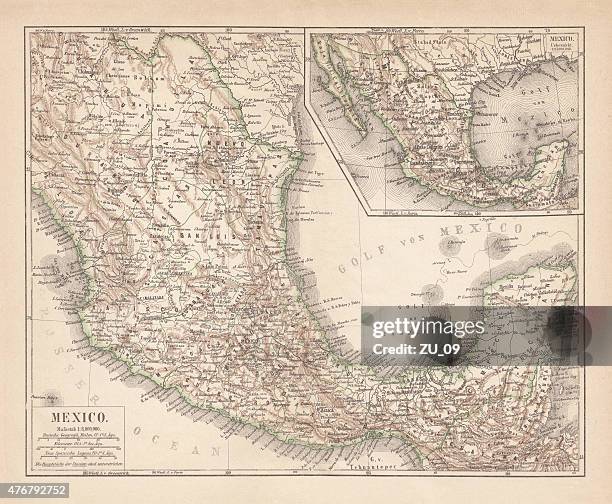 stockillustraties, clipart, cartoons en iconen met mexico, ancient map, lithograph, published in 1877 - progresso