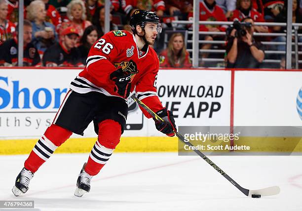 Kyle Cumiskey of the Chicago Blackhawks plays against the Tampa Bay Lightning in Game Three of the 2015 NHL Stanley Cup Final at United Center on...