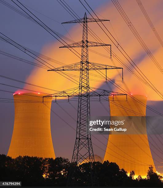 Steam rises from the cooling towers of the Grafenrheinfeld nuclear power plant as an electricity pylon stands before it at night on June 11, 2015...