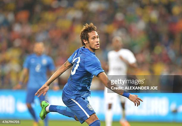 Brazil's Brazil's forward Neymar reacts during a friendly football match between South Africa and Brazil at Soccer City stadium in Soweto, outside...