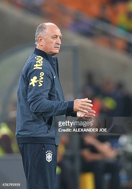Brazil's coach Luiz Felipe Scolari gestures during a friendly football match between South Africa and Brazil at Soccer City stadium in Soweto,...
