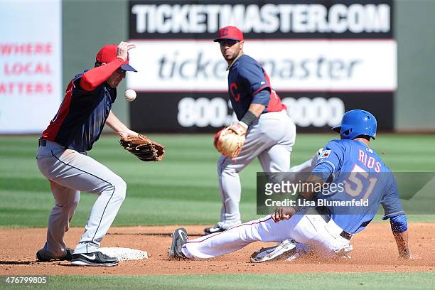 Alex Rios of the Texas Rangers steals second base in the second inning against Elliot Johnson of the Cleveland Indians at Surprise Stadium on March...