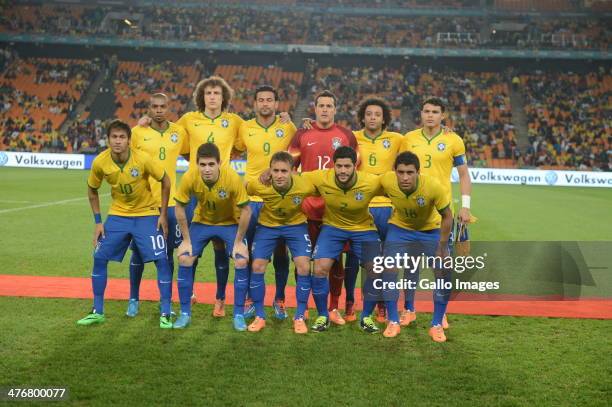 The Brazilian team line up during the International Friendly match between South Africa and Brazil at FNB Stadium on March 05, 2014 in Johannesburg,...