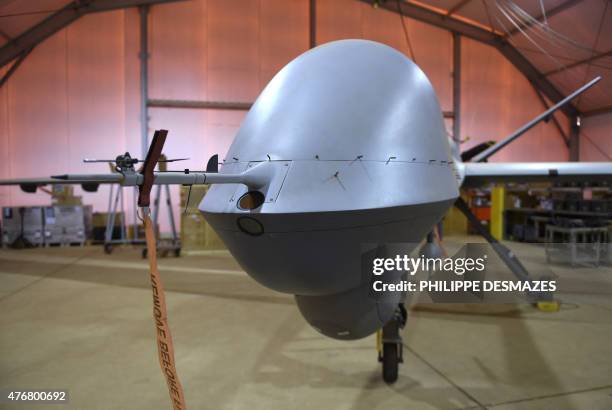 Made Reaper drone bought by the French military and used for Operation Barkhane, an anti-terrorist operation in the Sahel sits in a hanger, on June...