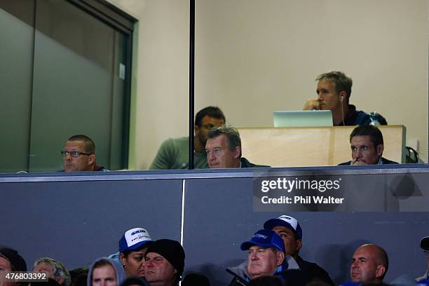 Sir John Kirwan and the Blues coaching staff during the round 18 Super Rugby match between the Blues and the Highlanders at Eden Park on June 12,...