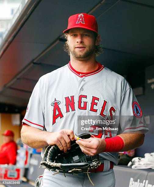 Kirk Nieuwenhuis of the Los Angeles Angels of Anaheim prepares for a game against the New York Yankees at Yankee Stadium on June 5, 2015 in the Bronx...