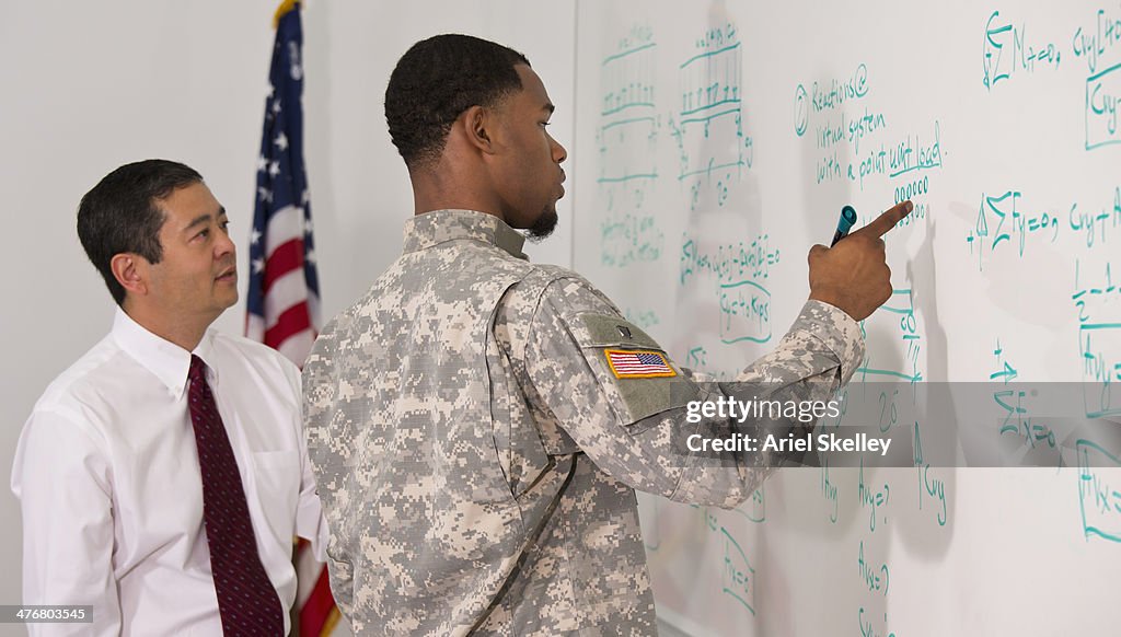 Soldier looking at whiteboard with businessman