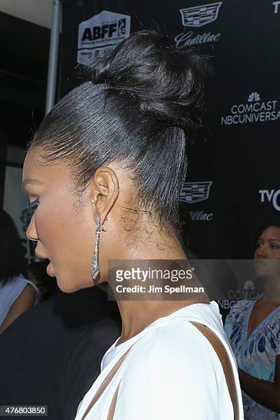 Model Chanel Iman, hair detail, attends the "Dope" opening night premiere during the 2015 American Black Film Festival at SVA Theater on June 11,...