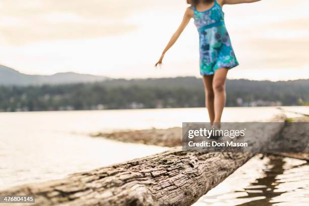 mixed race girl walking on log - lake whatcom foto e immagini stock