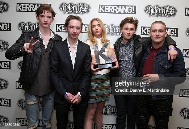 Sam Macintyre, Becca MacIntyre, Jack Bottomley, Will Bottomley and Josh Mackintyre of The Marmozets attends the Relentless Energy Drink Kerrang!...