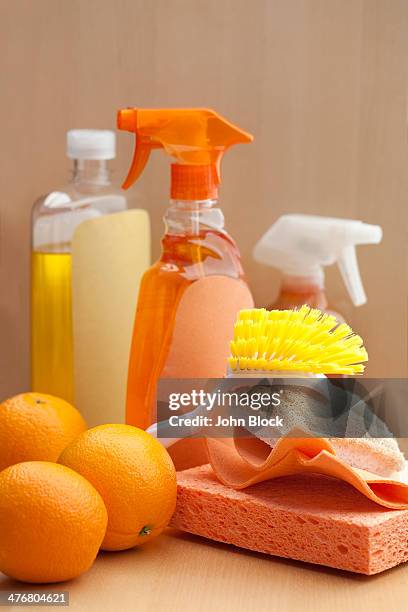 spray bottles, sponge, scrubber and oranges - vaporizzatore foto e immagini stock