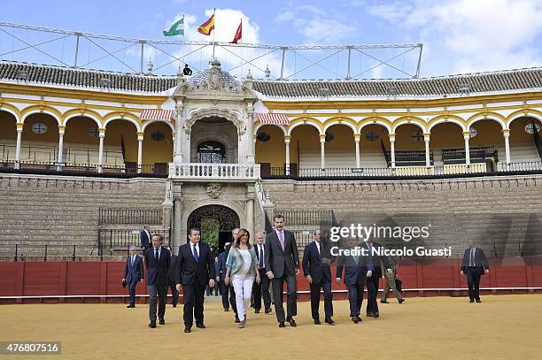 King Felipe VI of Spain enters with the President of Andalucia Susana Diaz and the Mayor of Seville Juan Ignacio Zoido the Real Maestranza of Seville...