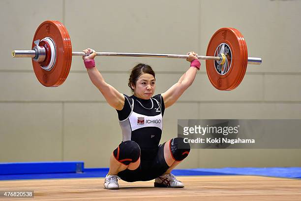 Hiromi Miyake competes in women's 53kg group during the All Japan Weight Lifting Championships 2015 at the General Gymnasium of Iwaki City on June...