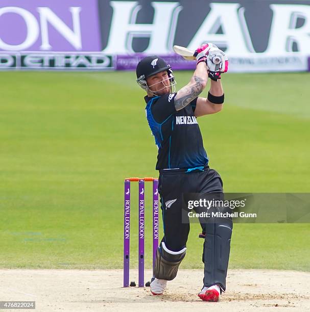 Brendon McCullum of New Zealand hits the ball for four runs during the second ODI Royal London One-Day Series 2015 between England and New Zealand at...