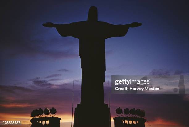 The statue of Cristo Redentor or Christ the Redeemer on the Corcovado mountain in Rio de Janeiro, Brazil, circa 1960.