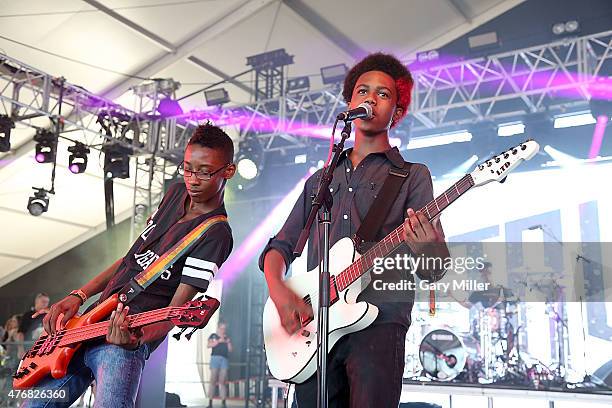 Alec Atkins, Malcolm Brickhouse and Jarad Dawkins of Unlocking the Truth perform in concert during the Bonnaroo Musci & Arts Festival on June 11,...