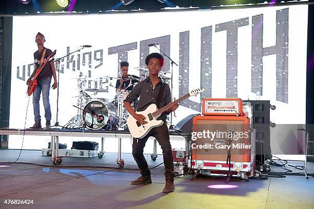 Alec Atkins, Jarad Dawkins and Malcolm Brickhouse of Unlocking the Truth perform in concert during the Bonnaroo Musci & Arts Festival on June 11,...
