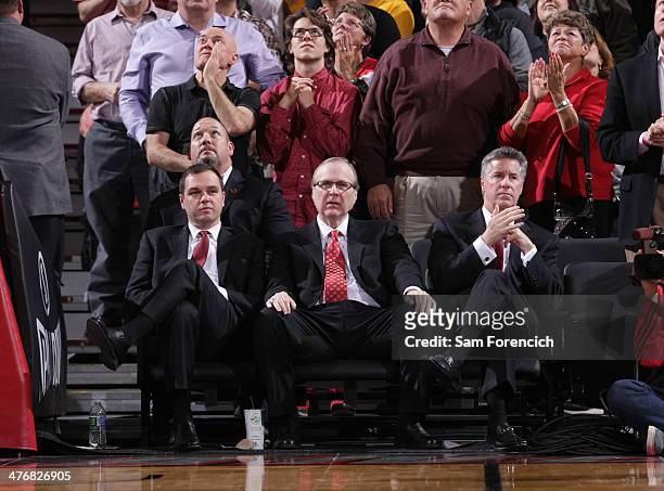 Team President Chris McGowan, owner Paul Allen, and General Manager Neil Olshey of the Portland Trail Blazers enjoy the game on March 3, 2014 at the...