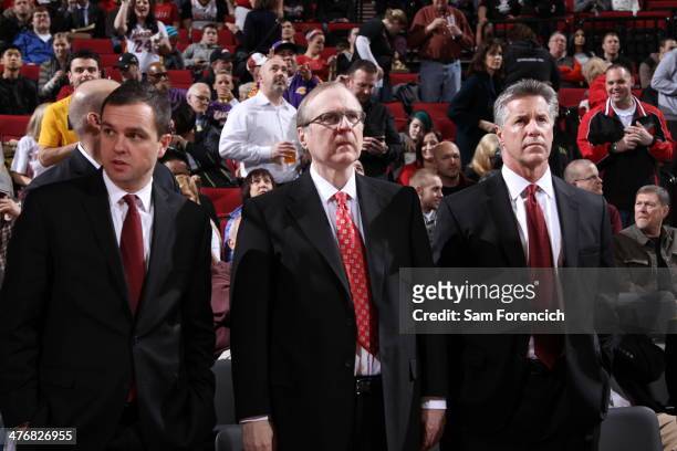 Team President Chris McGowan, owner Paul Allen, and General Manager Neil Olshey of the Portland Trail Blazers stand during player introductions on...