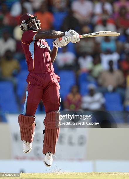 Darren Sammy of the West Indies bats during the 3rd One Day International between the West Indies and England at Sir Viv Richards Cricket Ground on...