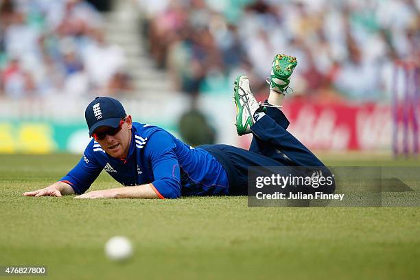 Eoin Morgan of England watches the ball go for a four during the 2nd ODI Royal London One-Day Series 2015 at The Kia Oval on June 12, 2015 in London,...