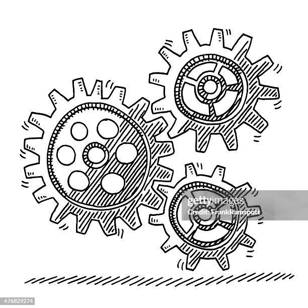 three connected gears teamwork concept drawing - turning stock illustrations